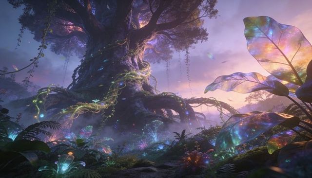 Glowing Ancient Tree Dominating Enchanted Forest Clearing at Dawn with Luminescent Vines