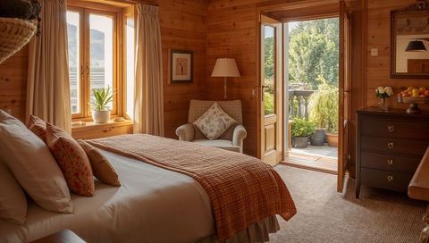 Cozy Wooden Cottage Bedroom with Plaid Throw, Armchair and Sunny Balcony View, Natural Light