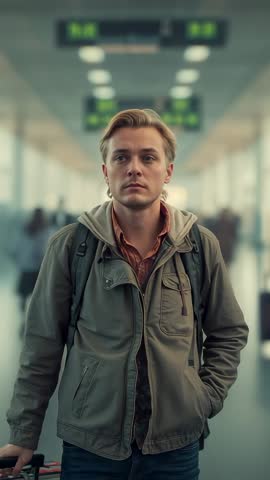 Young traveler scanning gate signs while walking through busy airport terminal with luggage
