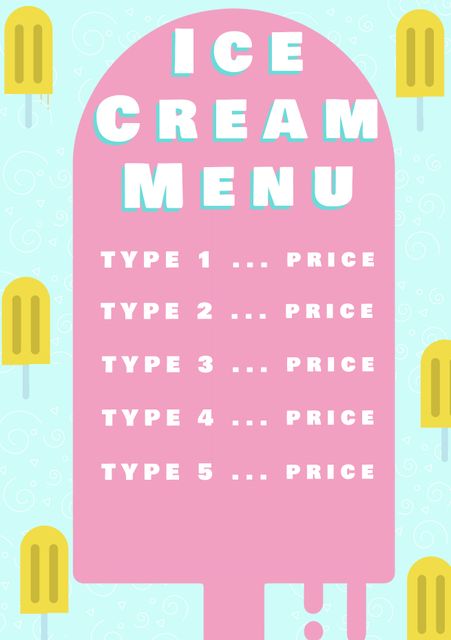 This vibrant, playful template features a popsicle-themed design, ideal for dessert shops and summer events. The layout highlights featured flavors and prices, making it a captivating choice for menus or invites. Customizable to fit various dessert offerings.