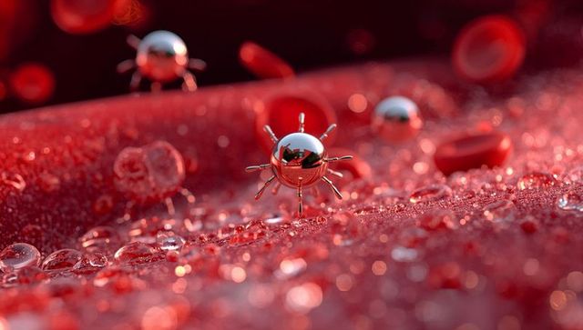 Futuristic Metallic Microorganism Zoom on Red Surface in Laboratory