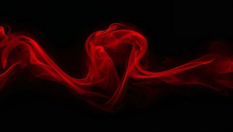 Flowing Crimson Smoke Ribbons Curling Over Black Background, Luminous Red Vapor Motion