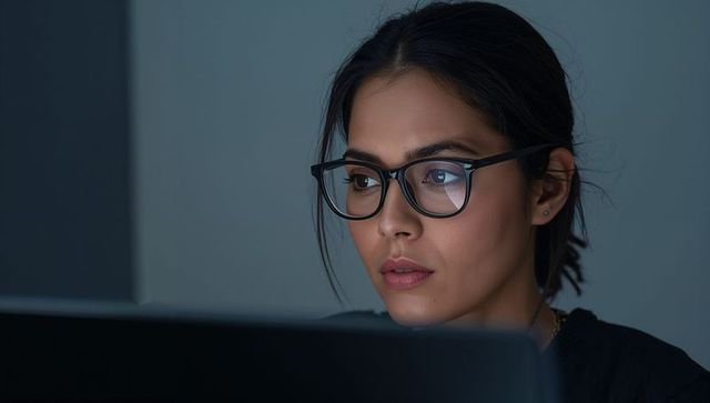 South asian woman concentrating on laptop late-night, wearing glasses, focused portrait