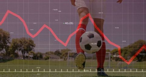 Soccer Player Kicking Ball with Analytics Overlay Showing Performance Trend, Match Metrics