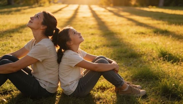 Mother and daughter sitting back-to-back on sunlit grass during golden hour