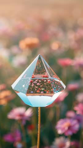 Sunlit Crystal Prism Rotating Above Wildflower Meadow, Dreamy Vertical Bokeh Video