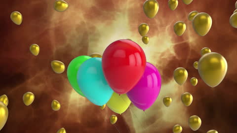 Colorful Balloons Floating Over Abstract Digital Pattern