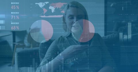 businesswoman utilizing smartphone with overlay of financial graphs and data - Download Free Stock Images Pikwizard.com