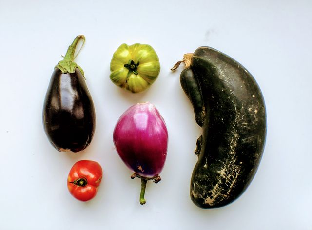 A collection of fresh garden vegetables including different types of eggplants and tomatoes arranged on a white background. Perfect for use in food blogs, agricultural articles, or gardening magazines. Highlights the variety and colors of garden produce, ideal for healthy eating and organic food concepts.