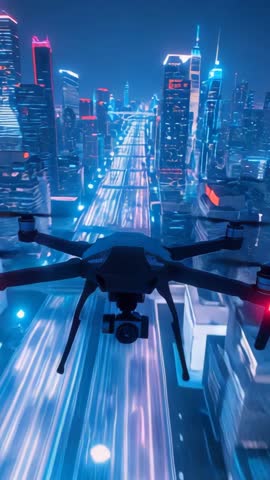 Drone Hovering Over Neon Highway Gliding Through Futuristic City Skyline Vertical Video