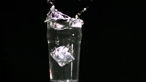 Refreshing Splash of Ice Cube Plunging into Water Glass