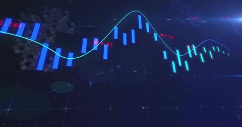 Holographic Market Chart Showing Neon Candlestick Bars and Glowing Trend Line