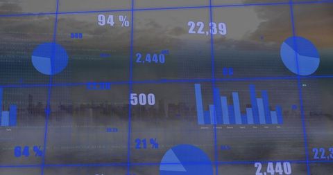 Blue Data Visualization Overlaying Hazy Urban Harbor Skyline, Futuristic Analytics Interface