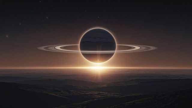 Rising ringed planet casting golden glow on alien surface