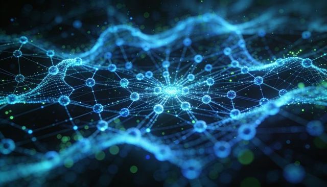 Glowing neural network mesh connecting pulsing nodes to central hub in 3d space