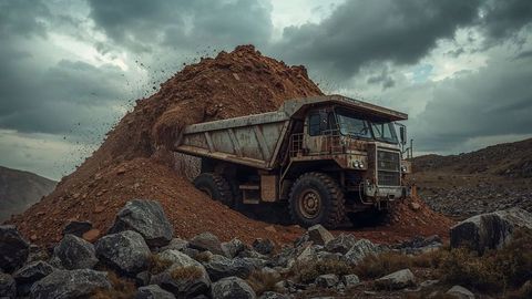 Heavy dumper truck unloading soil in rugged mining landscape