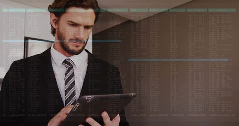 Businessman tapping tablet with code overlay analyzing data and cybersecurity for business