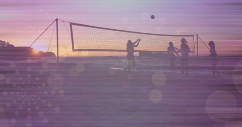 Women playing beach volleyball at sunset with abstract effect