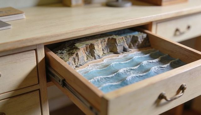 Miniature coastal diorama showing waves crashing inside wooden desk drawer