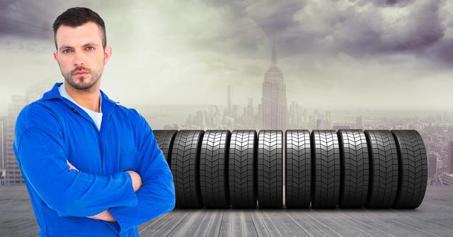 The image portrays a confident mechanic standing with crossed arms in front of a stack of tires against a backdrop of a cityscape. The mechanic is dressed in blue coveralls, projecting professionalism and expertise in automotive services. This visual is ideal for promoting car maintenance services, automotive repair shops, tire companies, and professional mechanic training programs.