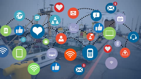 Social Media Connectivity Over Harbor Background Concept