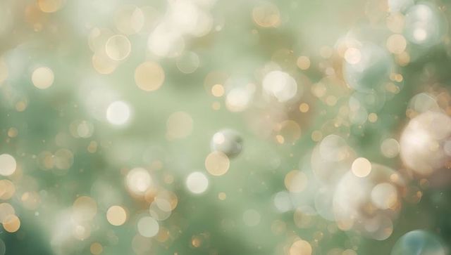 Mint green and gold bokeh orbs dreamy pastel background with luminous circles