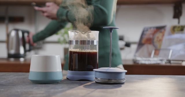 Man Making Fresh French Press Coffee in Cozy Kitchen - Download Free Stock Images Pikwizard.com