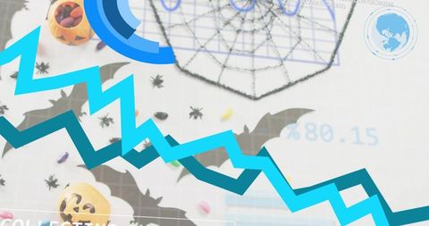 Blue-teal jagged data graph overlaying halloween crafts, candy, bats on grid mat