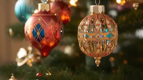 Panning closeup of gold filigree bauble and red teardrop ornament on evergreen branch