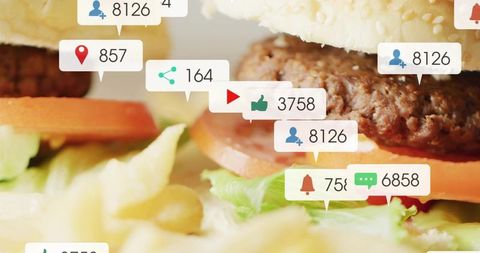 Gourmet Burger with Sesame Bun, Lettuce, Tomato and Social Media Engagement Overlay