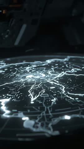 Booting holographic map rotating on command center table revealing pulsing nodes (vertical video)