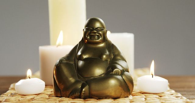 A laughing Buddha statue is centered between lit candles, creating a serene and peaceful ambiance. The setup evokes a sense of tranquility and is often associated with meditation and relaxation practices.