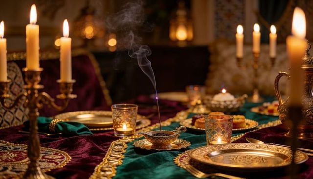 Opulent candlelit moroccan-inspired dinner table with velvet, brassware and incense smoke