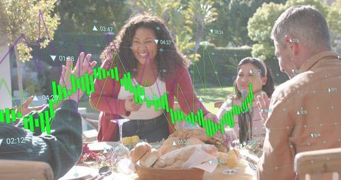 Multigenerational Group Celebrating Outdoor Feast with Financial Chart Overlay