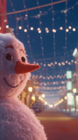 Vertical dusk video of cheerful snowman on lit street with bokeh string lights