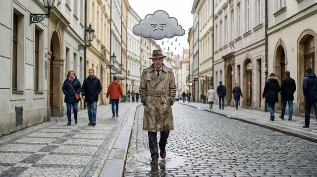 Elderly gentleman walking cobblestone street trench coat fedora under moody rain cloud