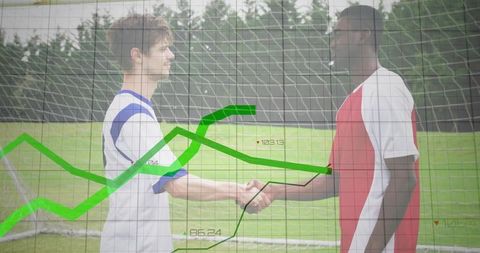Soccer players shaking hands with digital performance charts overlay