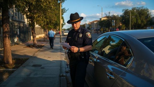 Uniformed police officer checking documents beside silver sedan on urban sidewalk during golden hour