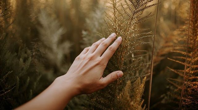 Bare hand grazing golden fern grass at sunset, tactile nature closeup with soft warm light