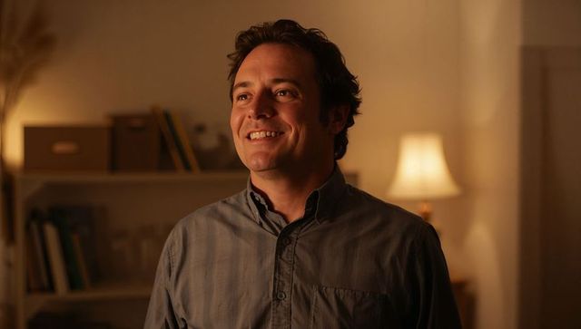 Smiling man standing in warm cozy living room with ambient lamp light and bookshelf