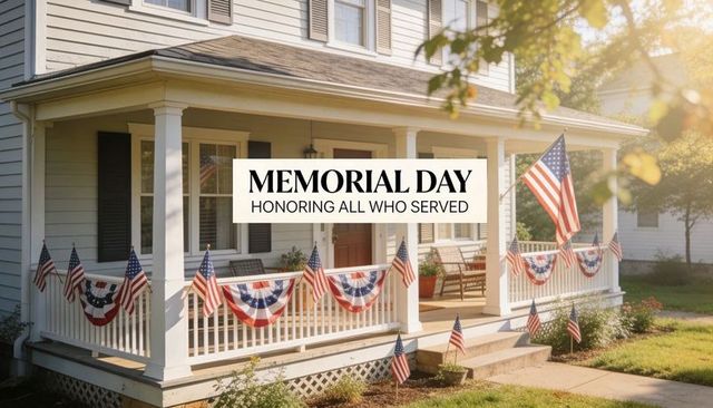 Sunlit front porch decorated with american flags and bunting for memorial day tribute