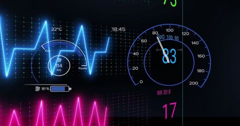Futuristic hud dashboard displaying neon ecg waveform, digital speedometer and telemetry
