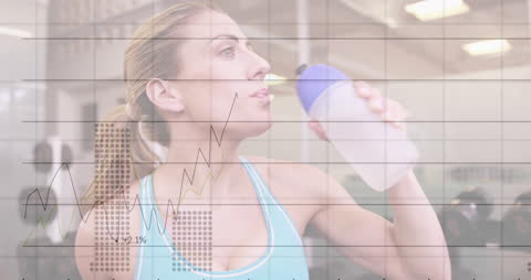 Athletic Woman Hydrating with Data Analytics Overlay