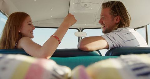 Happy Couple Enjoying Road Trip in Vintage Van - Download Free Stock Images Pikwizard.com