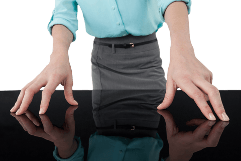 Businesswoman engaging with interactive transparent digital screen