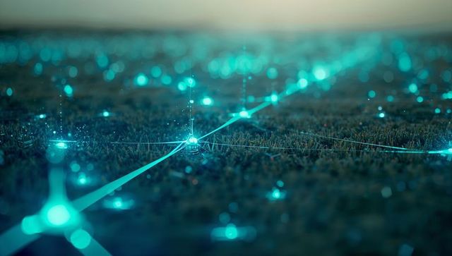 Futuristic Network of Glowing Nodes in High-Tech Landscape