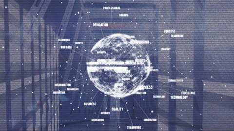 Futuristic Digital Globe Overlapping Server Room with Tech Annotations