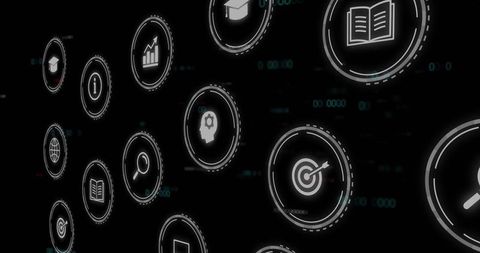 Floating glowing hud icons pulsing in dark void displaying analytics, target, search, book