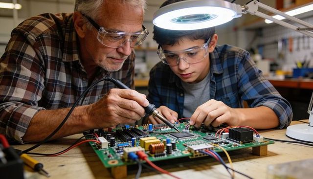 Senior Mentoring Teen Soldering PCB in Workshop for Hands-on Electronics Learning