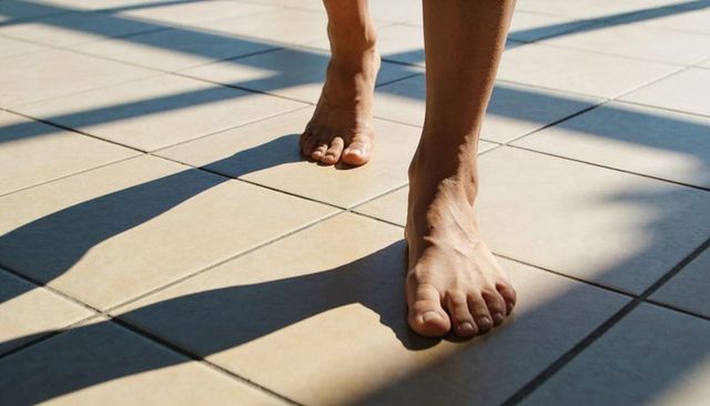 Bare feet walking on sunlit tiled patio with bold shadows and geometric grout lines